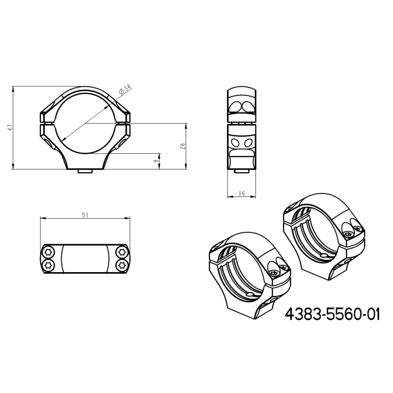 34 mm montaże lunet | krótka baza Picatinny QD 